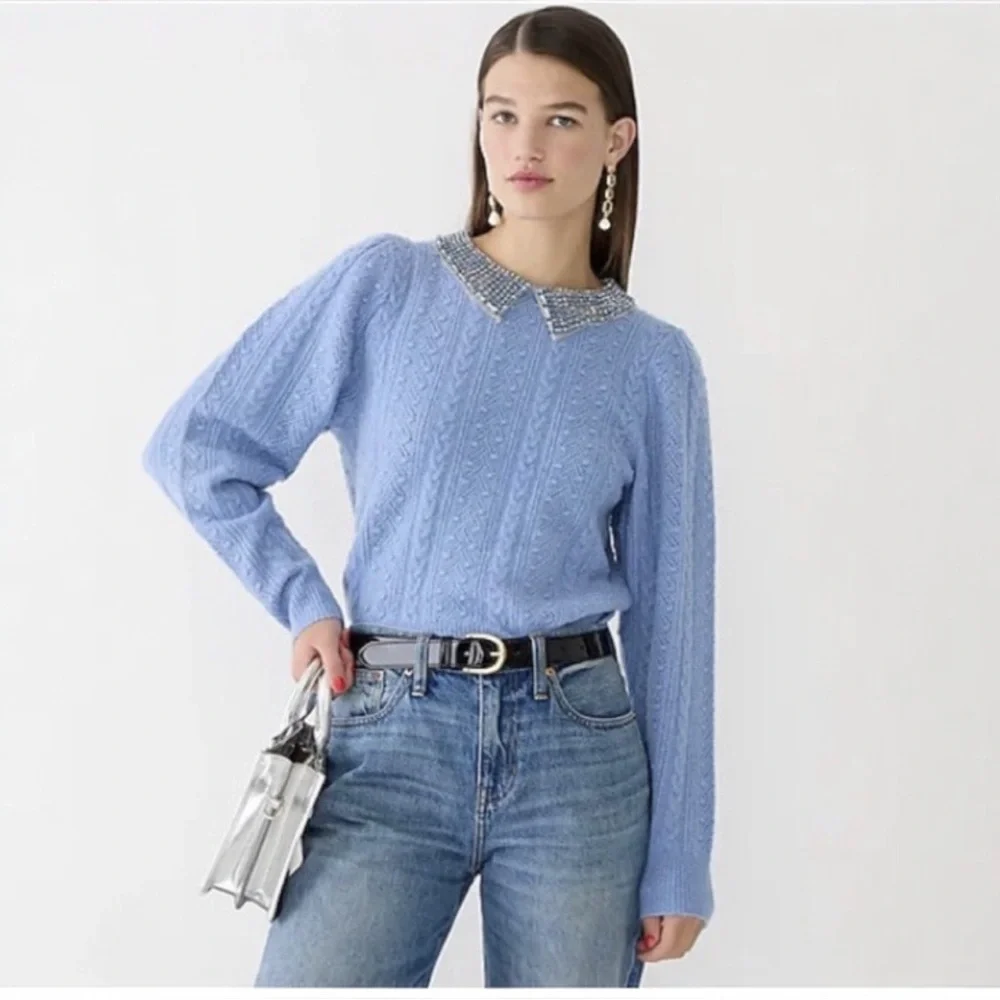 J.Crew Pointelle Cable-Knit Crewneck Sweater with Beaded Collar NWT Size M